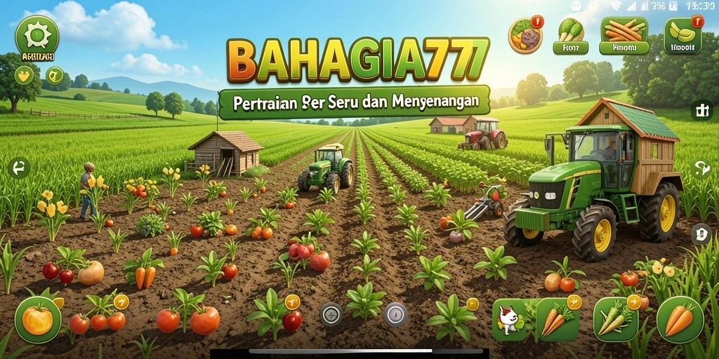 Tangkapan layar gameplay BAHAGIA777 menampilkan kegiatan bertani yang seru.