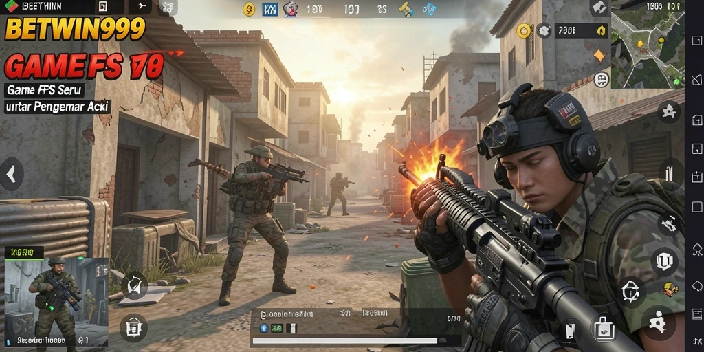 Screenshot BETWIN999 menampilkan aksi pertempuran intens dalam gameplay FPS.