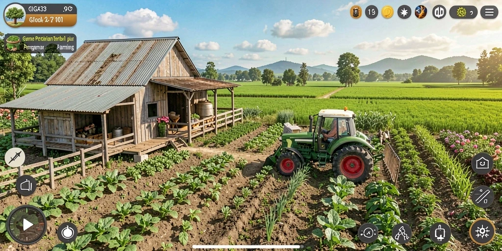 Screenshot utama GIGA33 yang menampilkan gameplay pertanian yang menyenangkan.