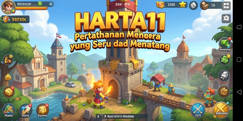 Tangkapan layar gameplay HARTA11 menampilkan menara berfungsi dengan baik dalam pertahanan.