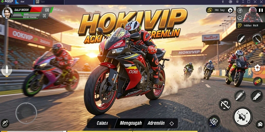 Tampilan gameplay intens HOKIVIP di trek balap motor.