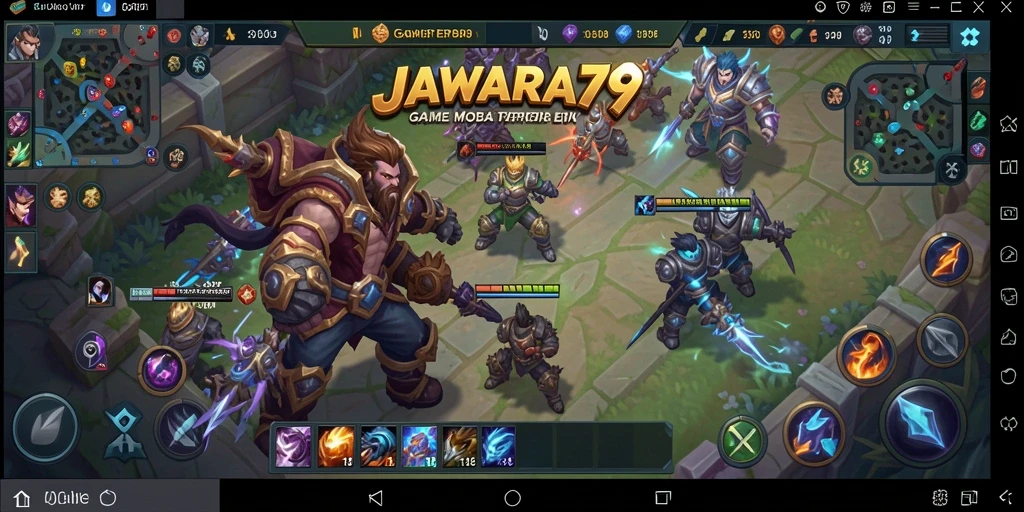 Screenshot gameplay JAWARA79 menampilkan pertarungan intens antar tim MOBA.