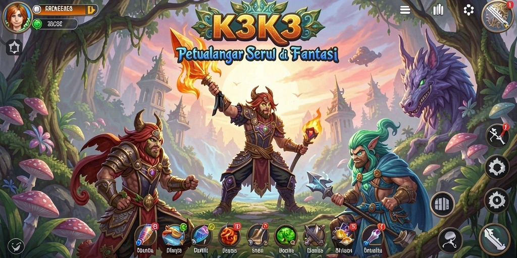 Screenshot utama K3K3 menampilkan petualangan seru dalam dunia fantasi.