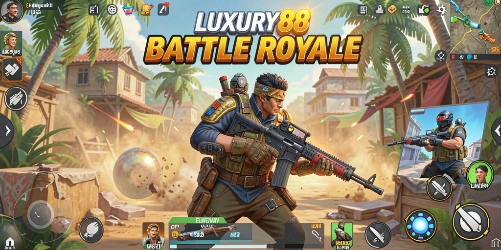 Tampilan utama gameplay LUXURY88 dengan aksi Battle Royale intens.