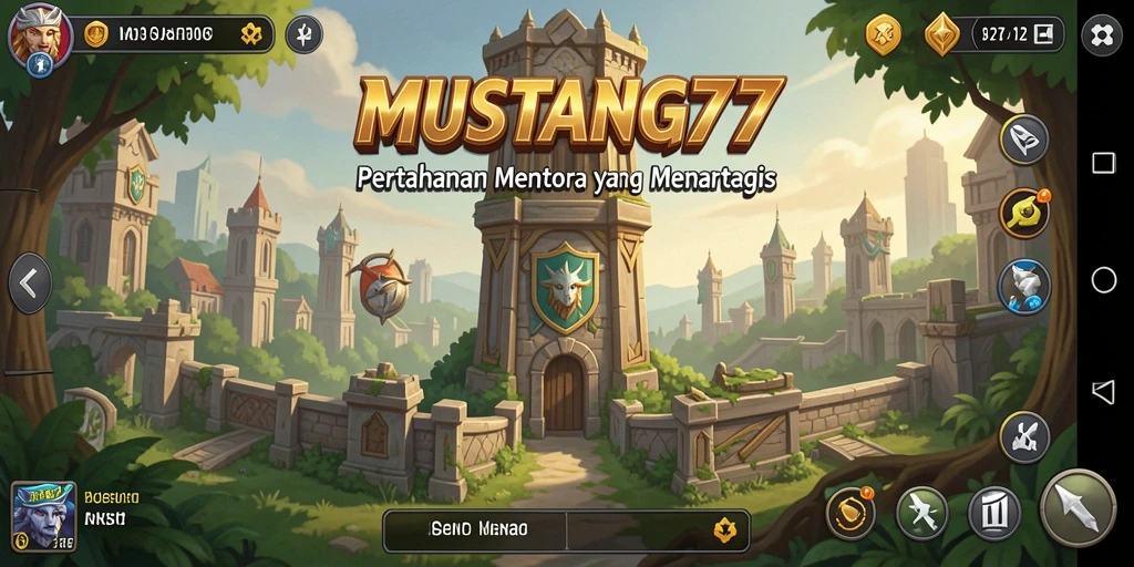 Tampilan gameplay <strong>MUSTANG77</strong> menunjukkan aksi pertahanan menara yang mendebarkan.