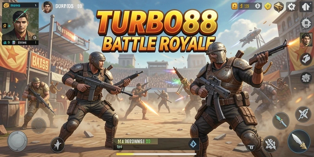 Tangkapan layar gameplay TURBO88 menampilkan pertarungan intens di arena Battle Royale.